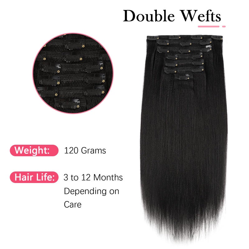 Sassina Clip in Human Hair Extensions Yaki Straight Style Natural Color Remy Unprocessed Soft Clip on Extensions Invisible Double Weft Human Hair Extensions 7 Pieces/Set 16 Inch 120 Grams - Image 5
